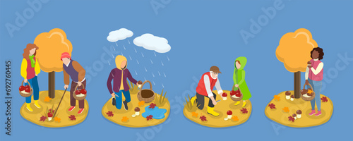 3D Isometric Flat Vector Illustration of Mushroom Picking, Autumn Forest