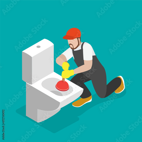 3D Isometric Flat Vector Illustration of Plumber , Unclogging DDirty Water Pipe