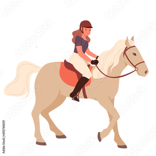 Girl riding horse vector illustration. Cartoon isolated female rider character in jockey outfit and helmet horseriding on race, cute young woman holding bridle to ride on horseback, equestrian sport