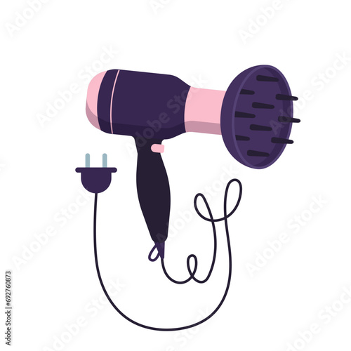 Hair dryer with diffuser vector illustration. Cartoon isolated electric device to blow and dry hair with hot air, modern beauty tool for curly girl method, blowdryer with plastic handle, wire and plug