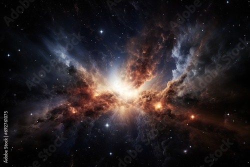 Big Bang. Explosions in space with fiery flashes. Сosmic burst against the background of stars and galaxies. ideal for use in science, astronomy, or space-related projects.