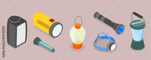 3D Isometric Flat Vector Set of Flashlights, Portable, Hand-held, Pocket and Head electric