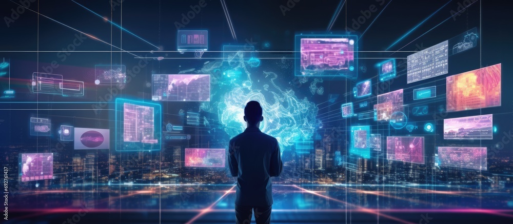 Businessman using computer and network connection data icon Businessman using computer and network connection data icon