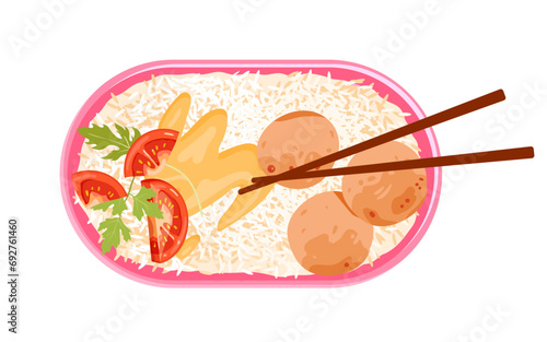 Cartoon isolated top view of food in lunchbox plastic tray, healthy snacks and salad with prepared eggs and rice, olives, lettuce leaf and broccoli for lunchtime. Lunch box vector illustration