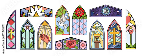 Stained glass windows of church or medieval palace set vector illustration. Cartoon isolated mosaic arch collection with spirit symbols of christian religion and fantasy spiritual pattern with flowers