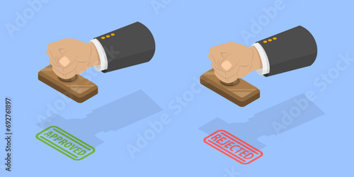 3D Isometric Flat Vector Illustration of Approved And Rejection Stamps , Paper Document