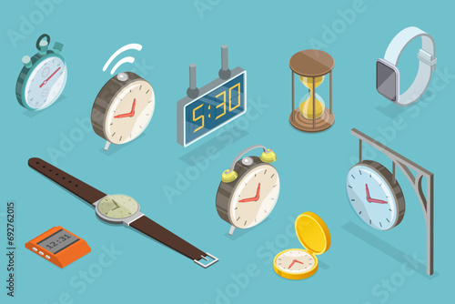 3D Isometric Flat Vector Set of Clocks, Vintage, Classic and Contemporary