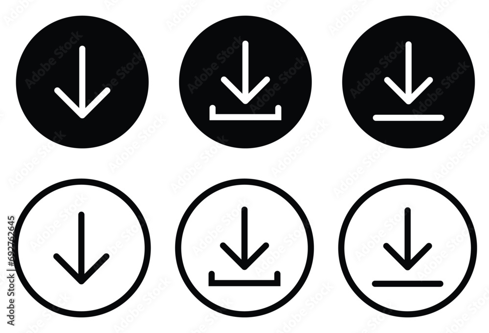 Download icon set.Stream down website button collection.Round down arrow line icon for apps and websites collection.Vector illustration Download icon set.Stream down website button collection.Round down arrow line icon for apps and websites collection.Vector illustration