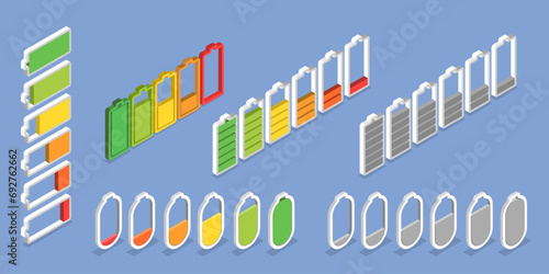 3D Isometric Flat Vector Set of Charging Level Batteries, Charge Indicator