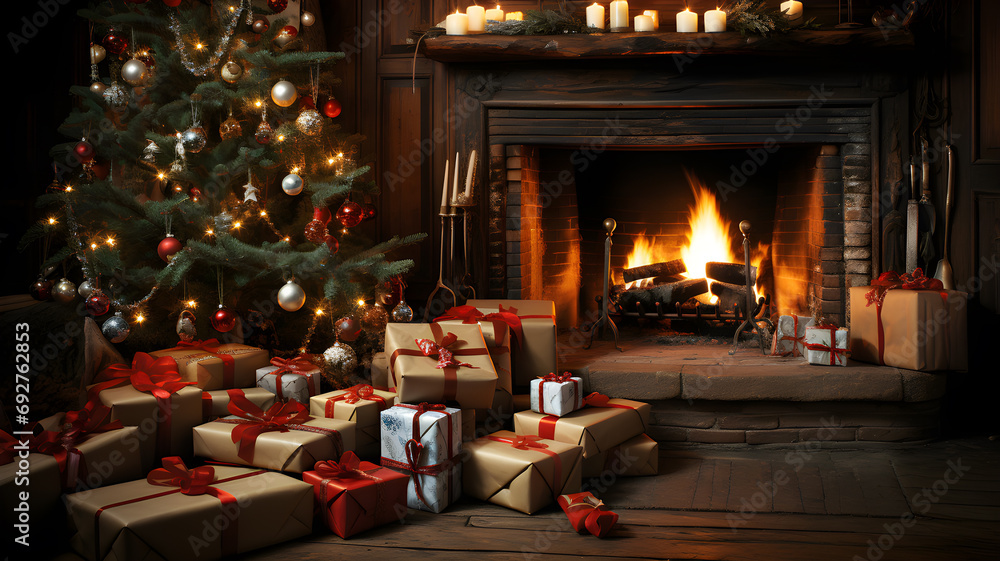 Presents under a Christmas tree with fireplace in the background