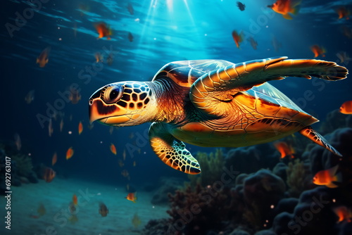 Oceanic Journey - Sea Turtle Among Fish © Canvas Alchemy