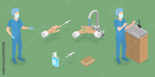3D Isometric Flat Vector Illustration of Surgical Hand Scrubbing, Washing Hands