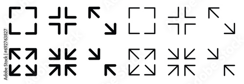 Full screen icons set vector.Full screen icon set. Maximize and minimize. Video size. Screen size.Full size screen icon on white background.Vector illustration