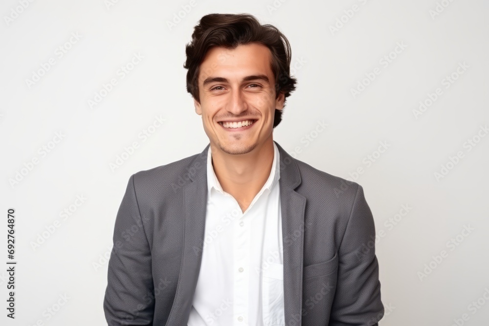 Portrait of a handsome young man smiling at the camera while standing against white background Portrait of a handsome young man smiling at the camera while standing against white background