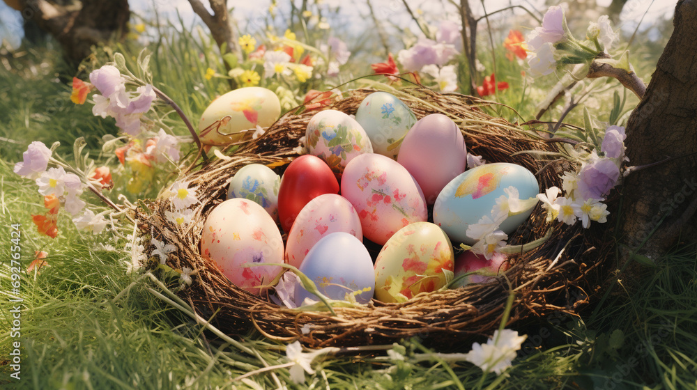 Delicate Easter eggs find a new home in the grass after a basket spill, adding a burst of color to the serene landscape Delicate Easter eggs find a new home in the grass after a basket spill, adding a burst of color to the serene landscape