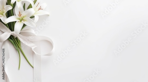 Christianity wooden cross with white lilies on a white background with copy space. Holy easter photo