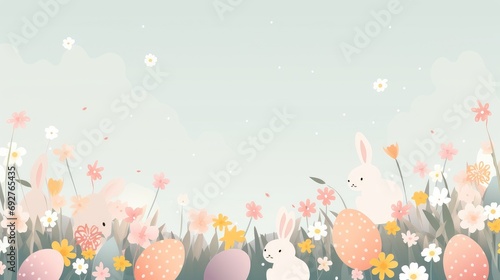 Colorful easter banner with easter eggs, rabbits and flowers. copy space. happy easter. space for text © Pelayo