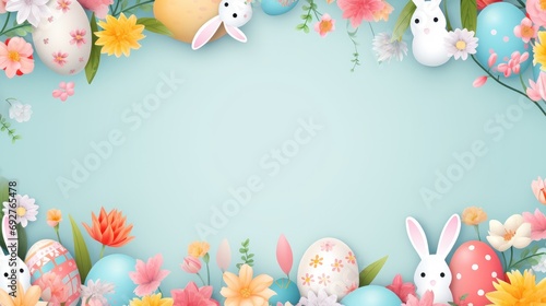 Colorful easter banner with easter eggs, rabbits and flowers. copy space. happy easter. space for text