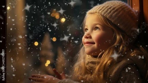 An image of a girl watching the snow fall outside the window.