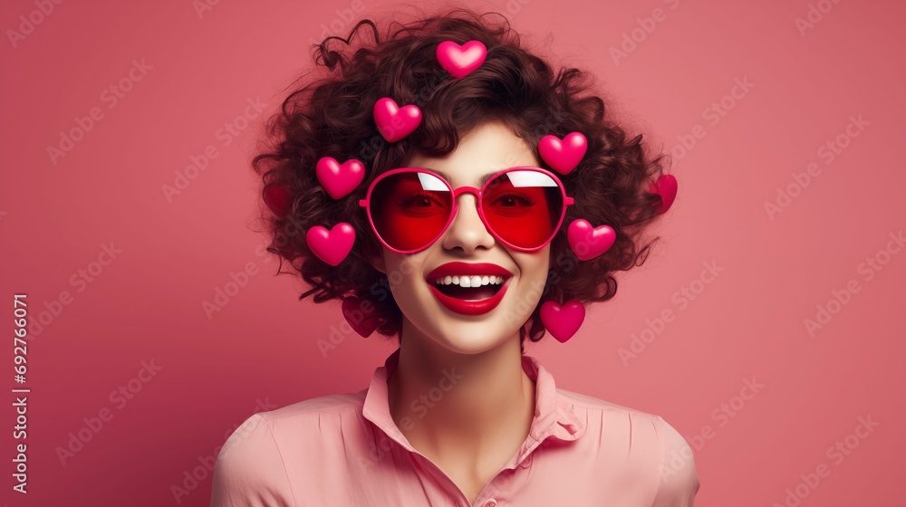 An image of a young woman with glasses surrounded by hearts.