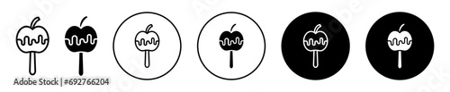 Caramelized apple icon. hot caramel sweet syrup rolling candied fruit candy stick with topping logo set. caramelized apple sugar toffee frosting and covered with caramel coating stick vector symbol