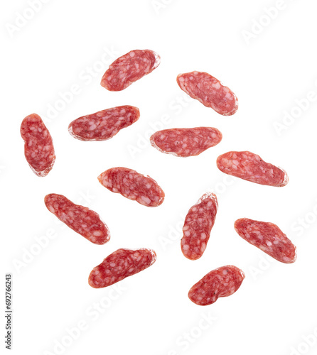 slices of salami isolated on white background with clipping path, concept of tasty food with salami sausage