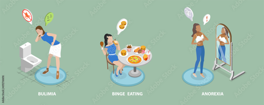 3D Isometric Flat Vector Illustration of Teenages Eating Disorders, Abnormal Dating Behaviors that Negatively Affect Physical or Mental Health 3D Isometric Flat Vector Illustration of Teenages Eating Disorders, Abnormal Dating Behaviors that Negatively Affect Physical or Mental Health