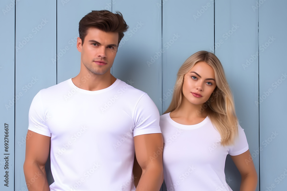 Two hipster models man and woman wearing blank t-shirt, posing against white wall, front tshirt mockup for couple Two hipster models man and woman wearing blank t-shirt, posing against white wall, front tshirt mockup for couple