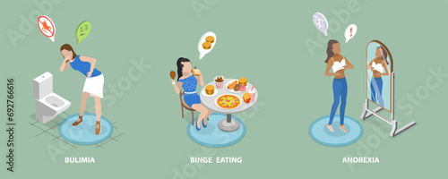 3D Isometric Flat Vector Illustration of Teenages Eating Disorders, Abnormal Dating Behaviors that Negatively Affect Physical or Mental Health