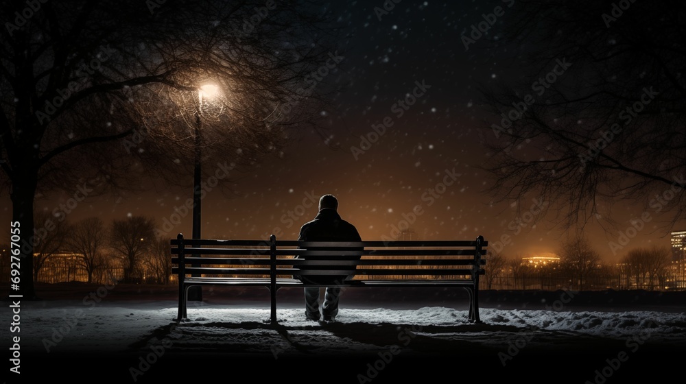 An old man sitting alone on a bench in a snow park.