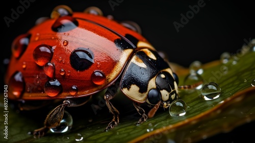 An image raindrops delicately falling on a lady beetle.