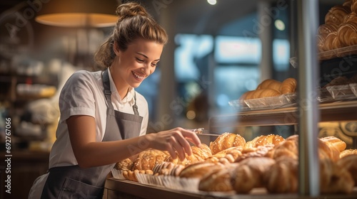 Attractive salesgirl passionately arranges fresh cakes in the window.