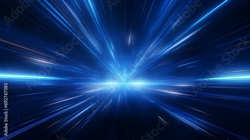Blue background adorned with neon rays and dynamic lines.