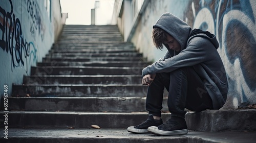 Depressed School Boy Sitting Alone at Stairs