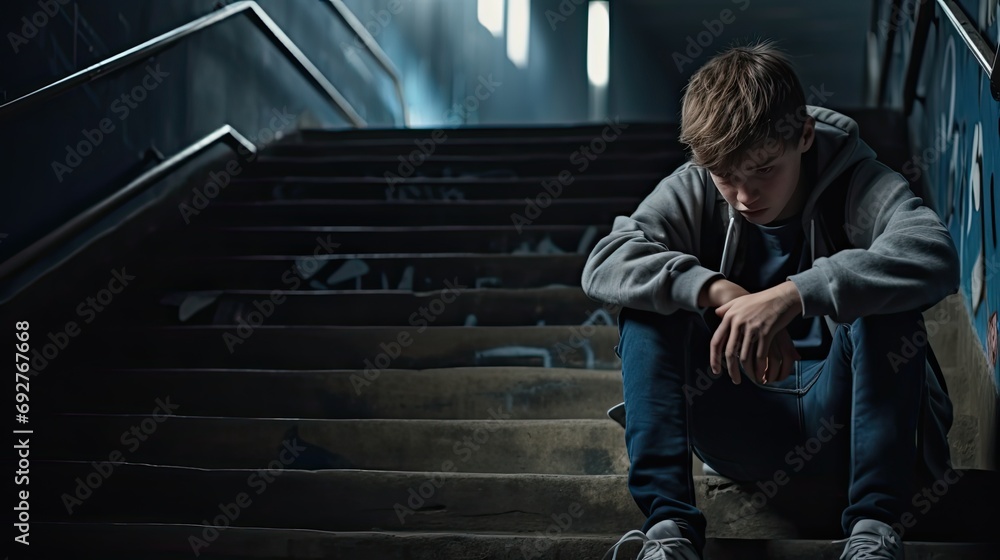 Depressed School Boy Sitting Alone at Stairs Depressed School Boy Sitting Alone at Stairs