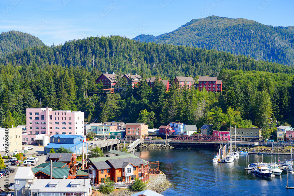 Aerial view of the marina of Ketchikan, the southernmost city of Alaska, surrounded by the Tongass National Forest - obrazy, fototapety, plakaty 