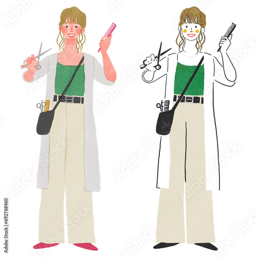 くしとハサミを持った美容師の女性の全身手描きイラスト