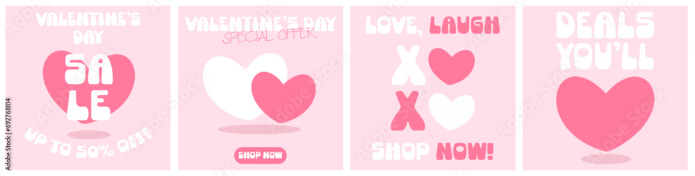 Valentine’s Day sale square banners with hearts. Sale templates for offers, posts, special offers. Vector illustration set.