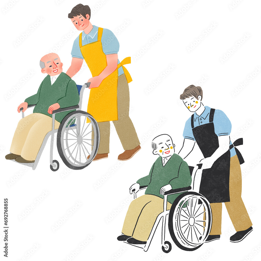 高齢者の男性の車椅子を押す介護士の男性全身手描きイラスト