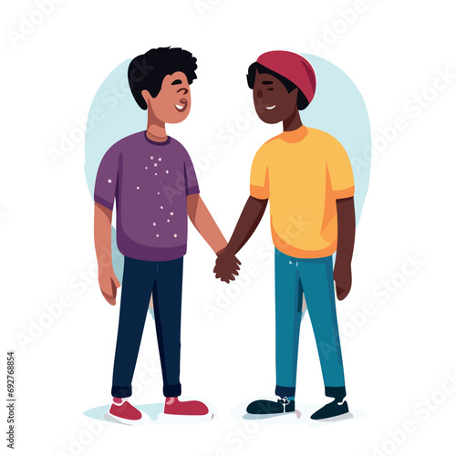 Vector de una pareja interracial de hombres enamorados y cogidos de la mano, Orgullo Gay.