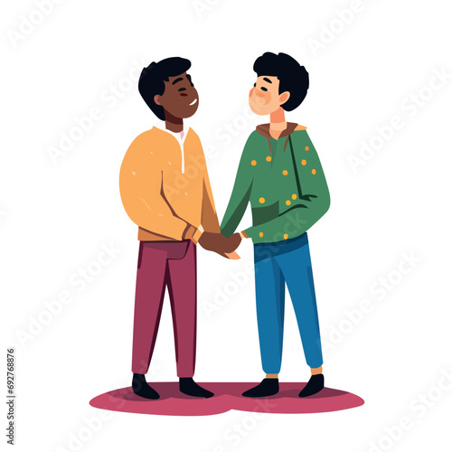 Vector de una pareja interracial de hombres enamorados y cogidos de la mano, Orgullo Gay.