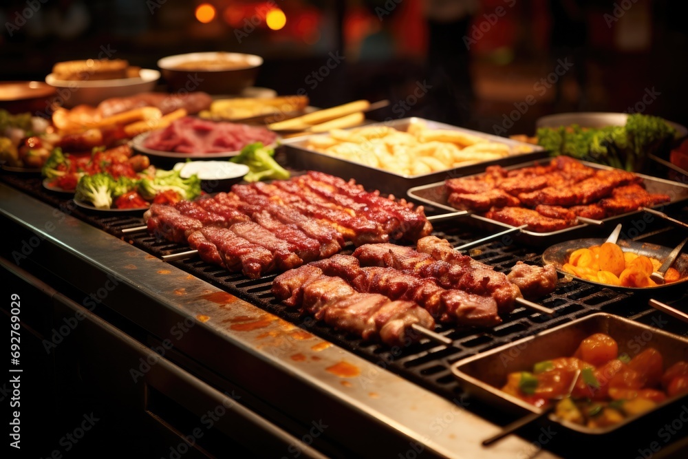 Korean BBQ. Mouth-watering Korea's Barbecue Delights for a Perfect Asian Cuisine Experience at Dinner or Wedding Table with Wine