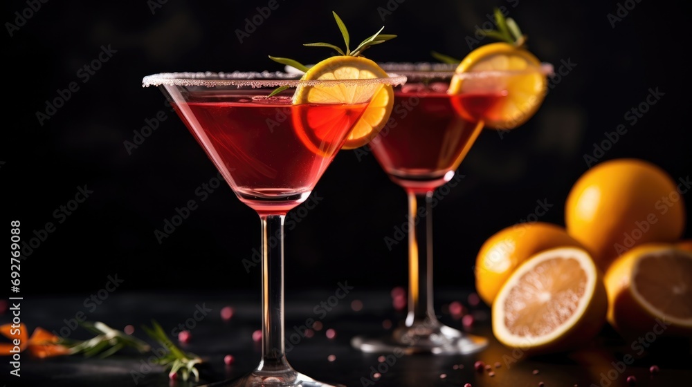 Cheers to the Night! 2 Glasses of Cosmopolitan Cocktail with Orange and Lime Wedges on Dark Grey Worktop with Dark Background Cheers to the Night! 2 Glasses of Cosmopolitan Cocktail with Orange and Lime Wedges on Dark Grey Worktop with Dark Background