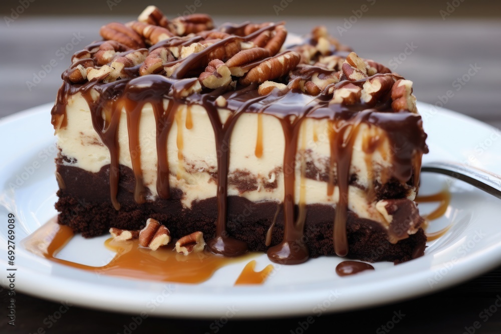 Chunky Turtle Cheesecake Slice on Bright Background. Indulge in Baked Creamy Cheesecake Topped with Caramel, Chocolate and Airy Cake Chunky Turtle Cheesecake Slice on Bright Background. Indulge in Baked Creamy Cheesecake Topped with Caramel, Chocolate and Airy Cake