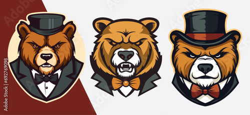 Set of Mafia Bears, Elegant Bear Insignia for Esports and Sportswear, Sticker and T-shirt, Vectorized Cartoon Illustration
