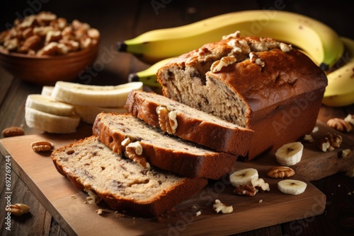 Close-up View of Banana Nut Bread Sliced Loaf  Delicious Nutty Breakfast Meal on Rustic Brown Background