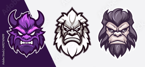 Set of Monster Head Logos: Mascots for Esports and Sports, Stickers, T-shirts, Vector Cartoon Illustrations