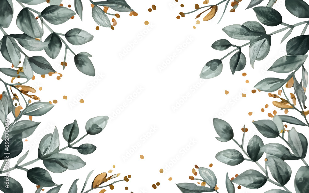 Herbal eucalyptus leaves frame isolated on a white transparent background, png.  Greenery wedding simple minimalist border. Watercolor style card.  - obrazy, fototapety, plakaty 