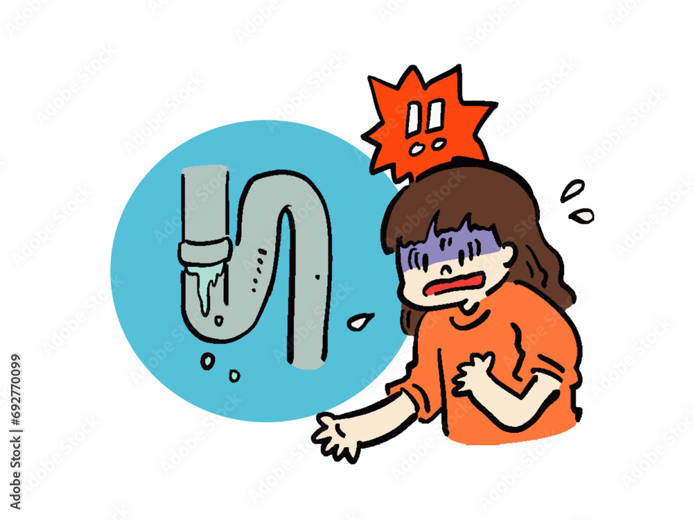水道管の水漏れに困惑する女性のイラスト	