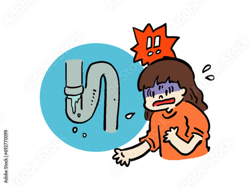 水道管の水漏れに困惑する女性のイラスト	
